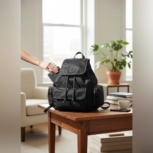 Tory Burch Black Nylon Drawstring Flap Backpack